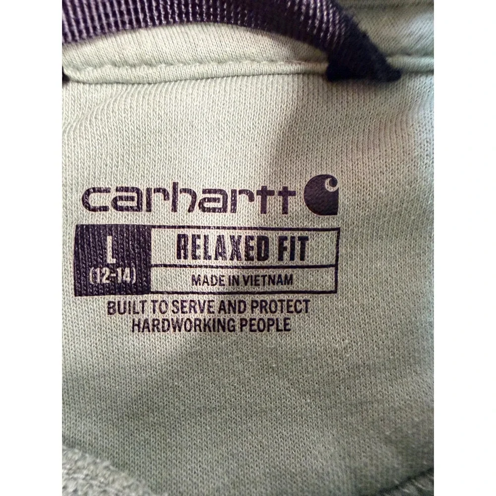 Carhartt‎ Hoodie Large L 12-14 Green Cotton Relaxed Fit Graphic Sleeve Pullover